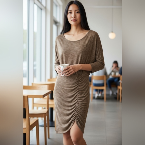 Free People Dresses & Skirts - Free People Ruched Knit Dress Brown Cowl Neck Long Sleeve Women’s Large BOHO